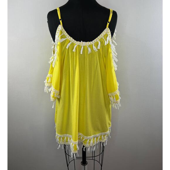 VENUS Yellow White Boho Tassel Strappy Cold Shoulder Swim Beach Cover Up Dress S - Picture 9 of 12